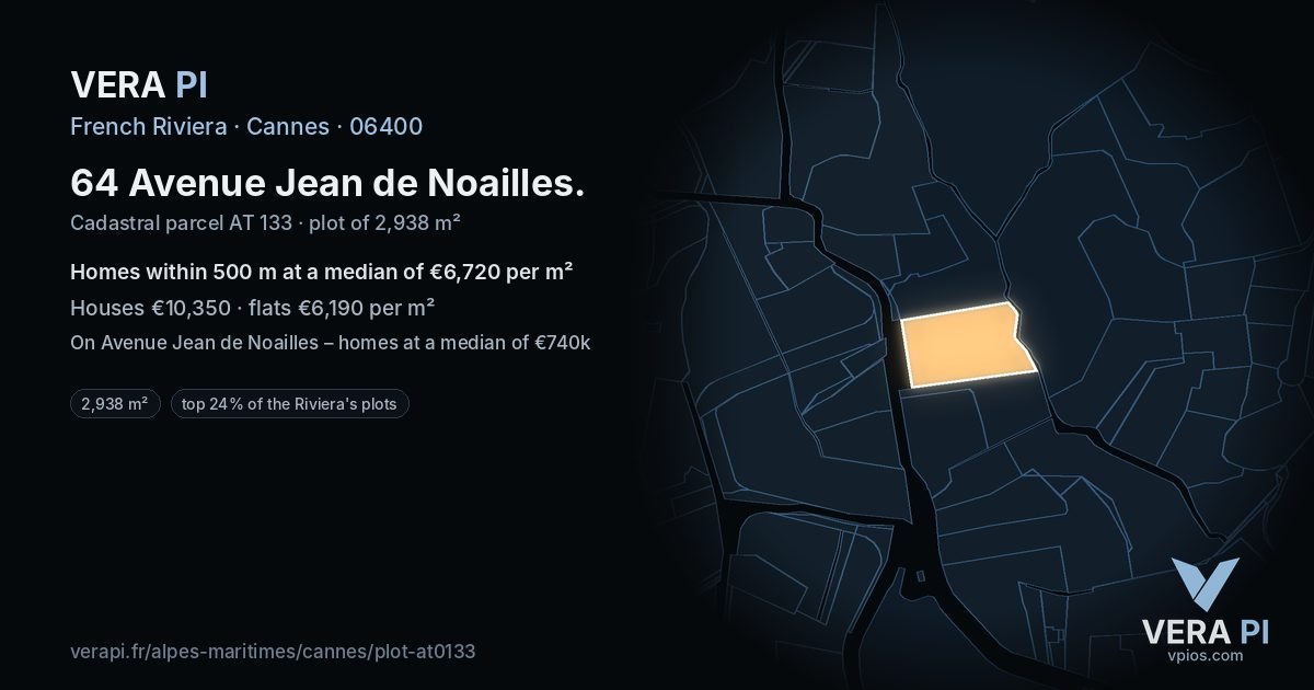 64 Avenue Jean de Noailles, Cannes at night – the plot lit, the parcels around coloured by the prices near them