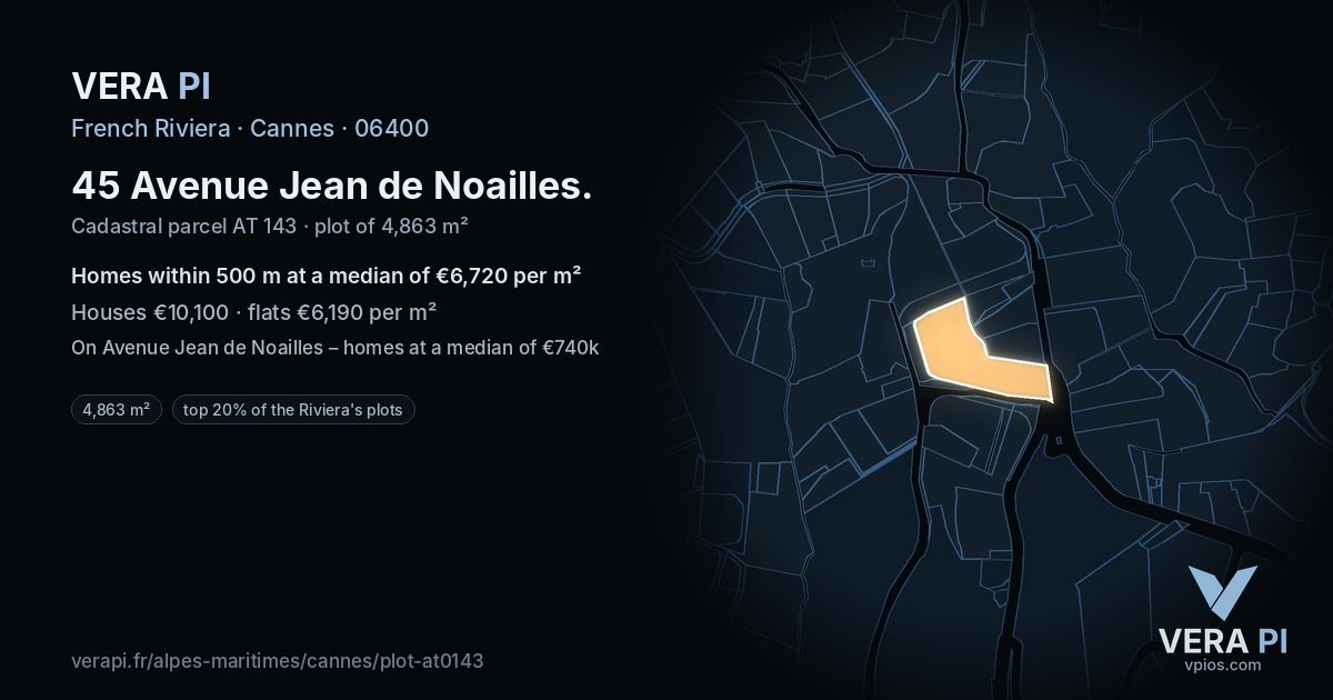 45 Avenue Jean de Noailles, Cannes at night – the plot lit, the parcels around coloured by the prices near them
