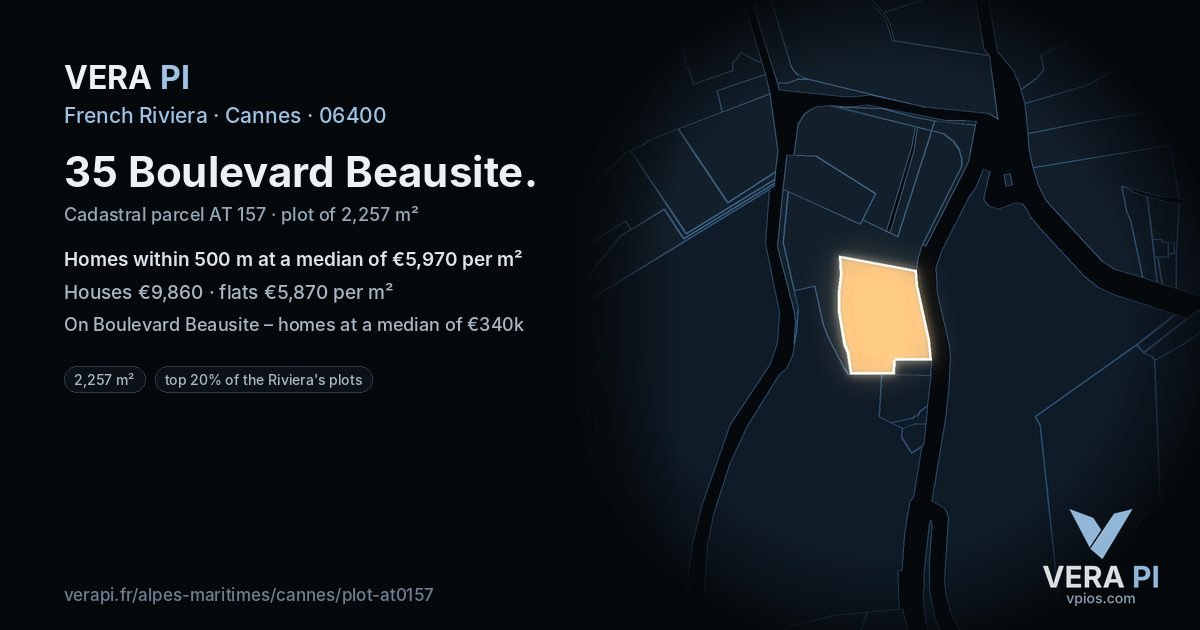 35 Boulevard Beausite, Cannes at night – the plot lit, the parcels around coloured by the prices near them
