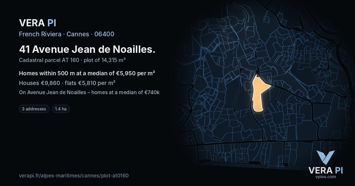 41 Avenue Jean de Noailles, Cannes at night – the plot lit, the parcels around coloured by the prices near them