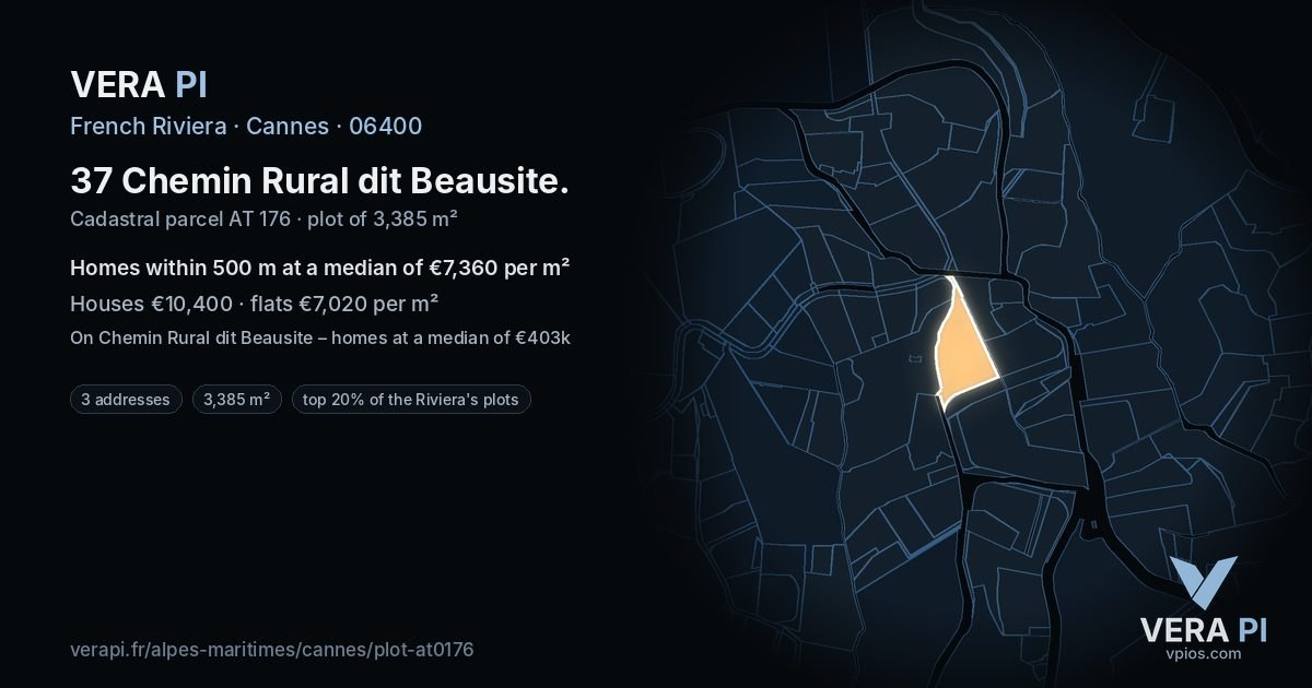 37 Chemin Rural dit Beausite, Cannes at night – the plot lit, the parcels around coloured by the prices near them