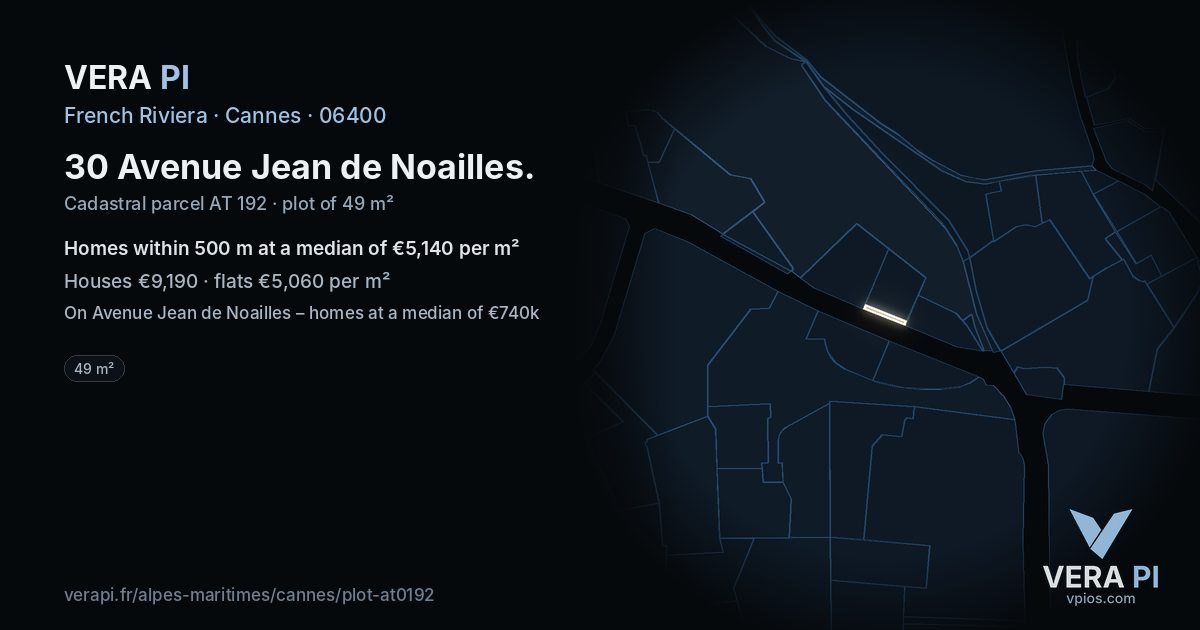 30 Avenue Jean de Noailles, Cannes at night – the plot lit, the parcels around coloured by the prices near them