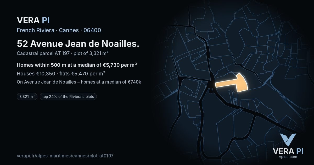 52 Avenue Jean de Noailles, Cannes at night – the plot lit, the parcels around coloured by the prices near them