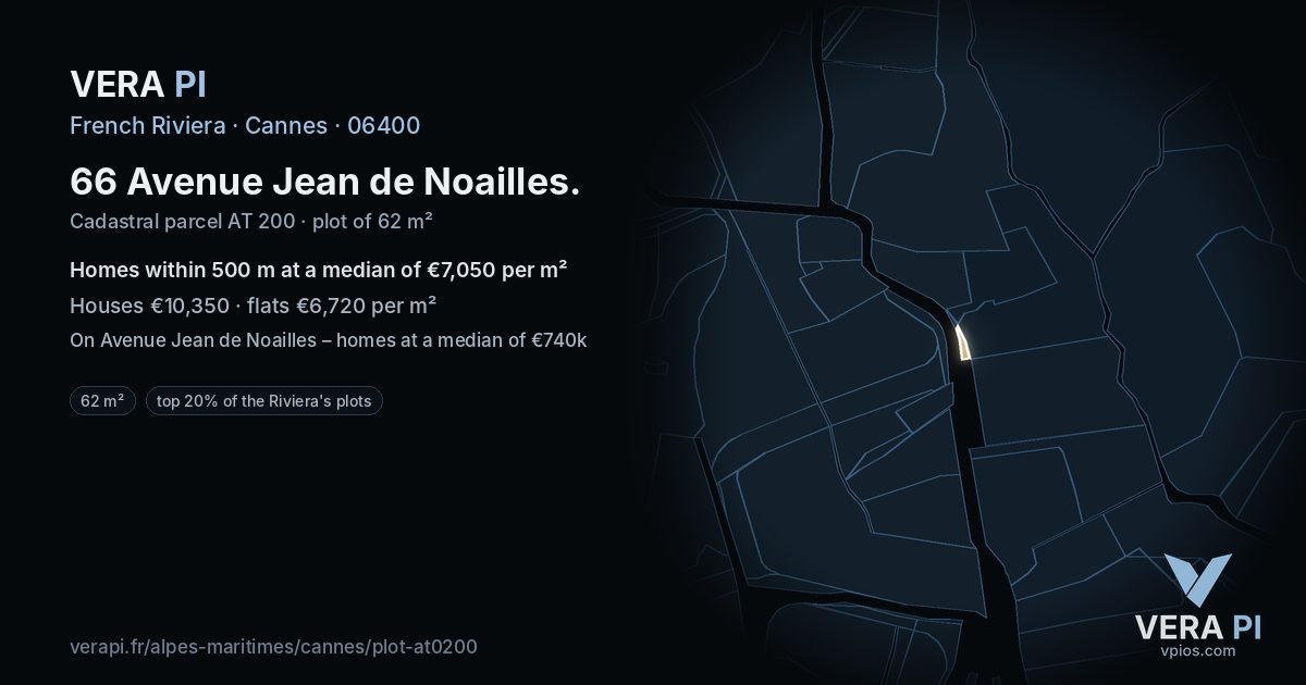 66 Avenue Jean de Noailles, Cannes at night – the plot lit, the parcels around coloured by the prices near them
