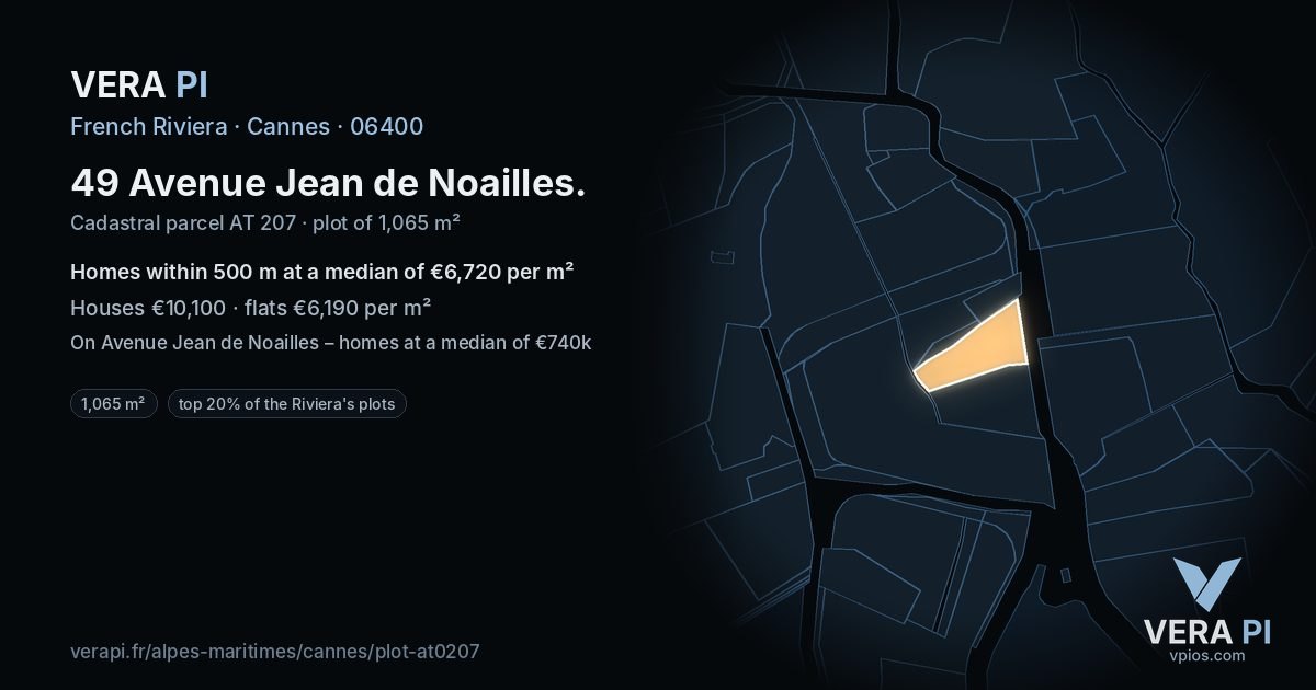 49 Avenue Jean de Noailles, Cannes at night – the plot lit, the parcels around coloured by the prices near them