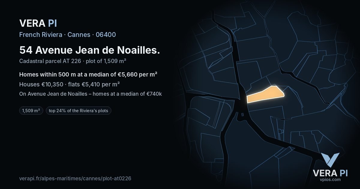 54 Avenue Jean de Noailles, Cannes at night – the plot lit, the parcels around coloured by the prices near them