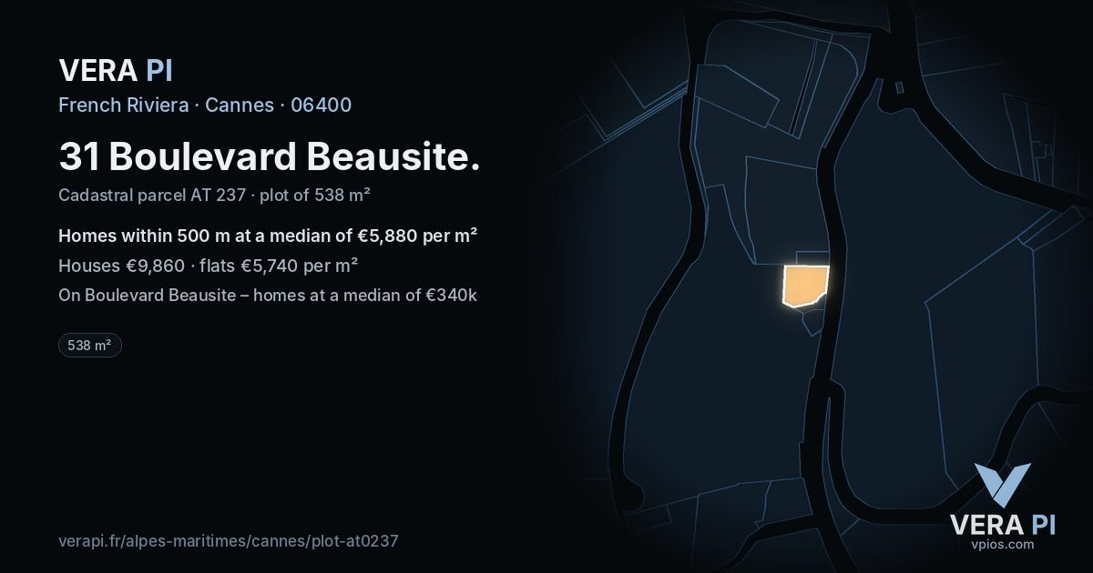 31 Boulevard Beausite, Cannes at night – the plot lit, the parcels around coloured by the prices near them