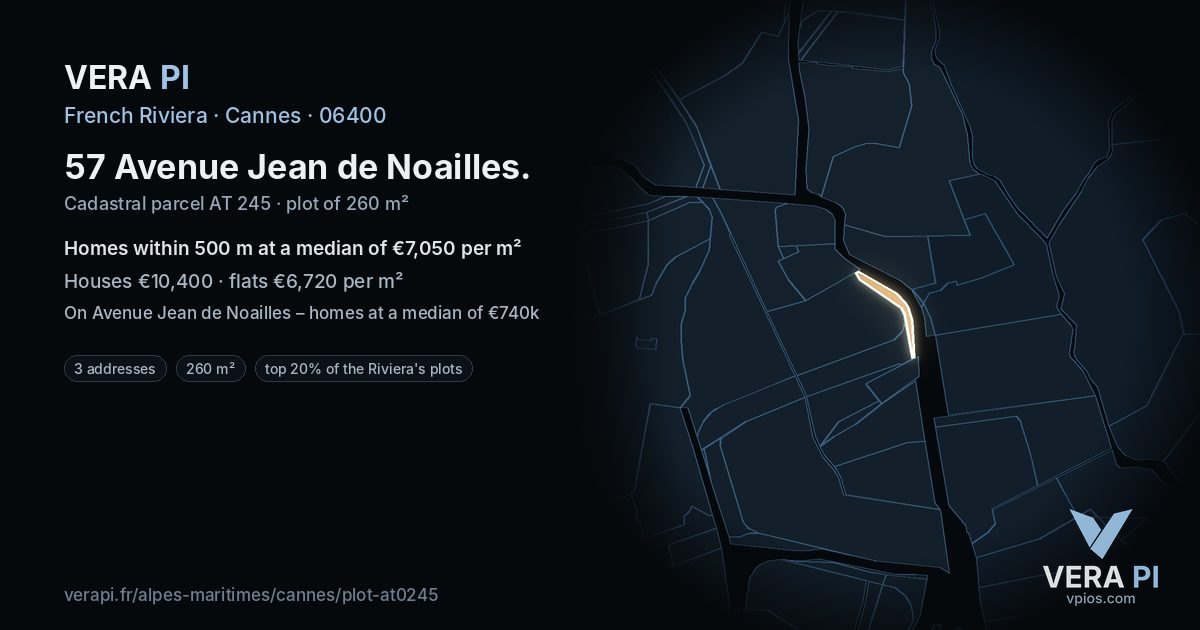 57 Avenue Jean de Noailles, Cannes at night – the plot lit, the parcels around coloured by the prices near them