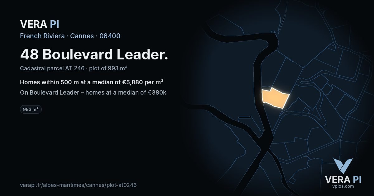 48 Boulevard Leader, Cannes at night – the plot lit, the parcels around coloured by the prices near them
