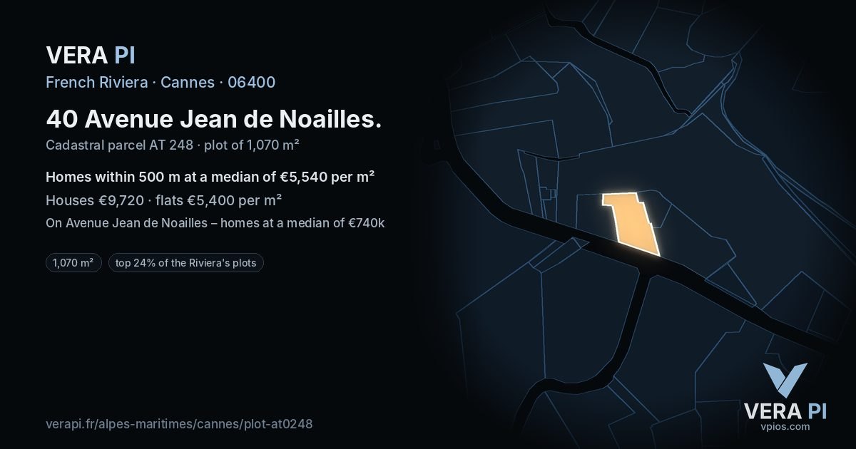 40 Avenue Jean de Noailles, Cannes at night – the plot lit, the parcels around coloured by the prices near them