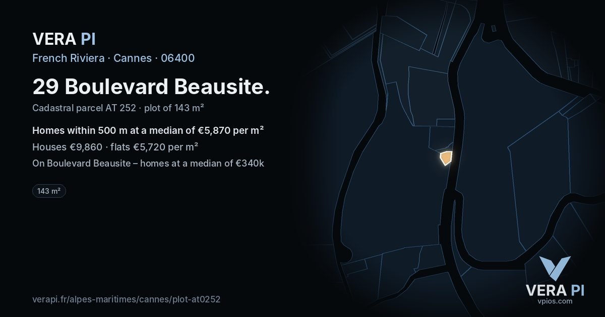 29 Boulevard Beausite, Cannes at night – the plot lit, the parcels around coloured by the prices near them