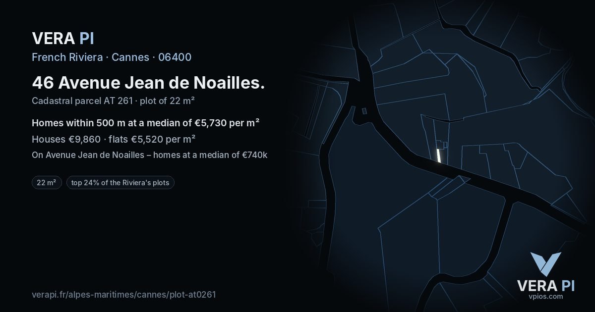 46 Avenue Jean de Noailles, Cannes at night – the plot lit, the parcels around coloured by the prices near them