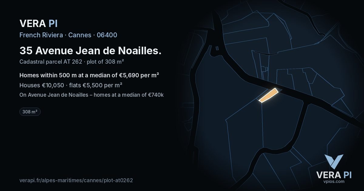 35 Avenue Jean de Noailles, Cannes at night – the plot lit, the parcels around coloured by the prices near them