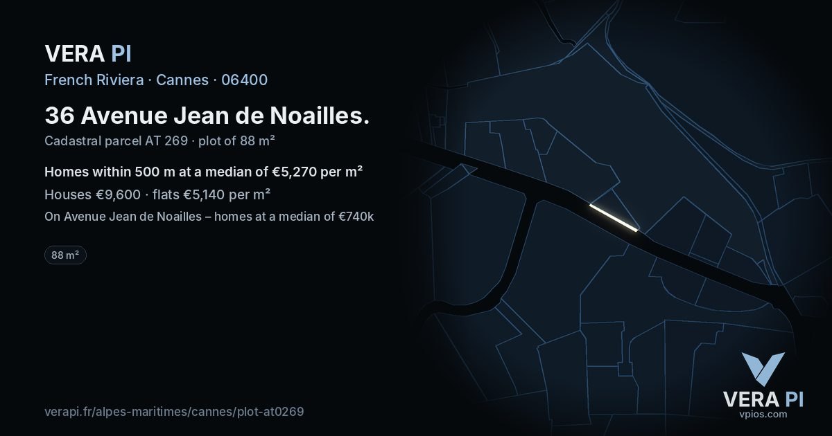 36 Avenue Jean de Noailles, Cannes at night – the plot lit, the parcels around coloured by the prices near them