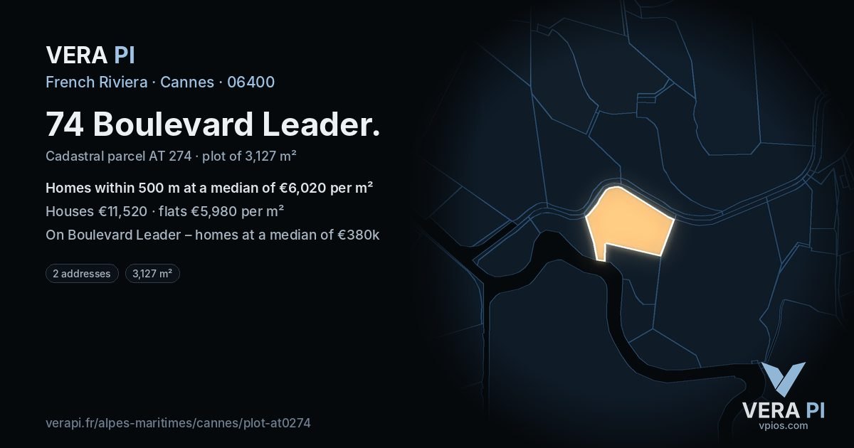 74 Boulevard Leader, Cannes at night – the plot lit, the parcels around coloured by the prices near them