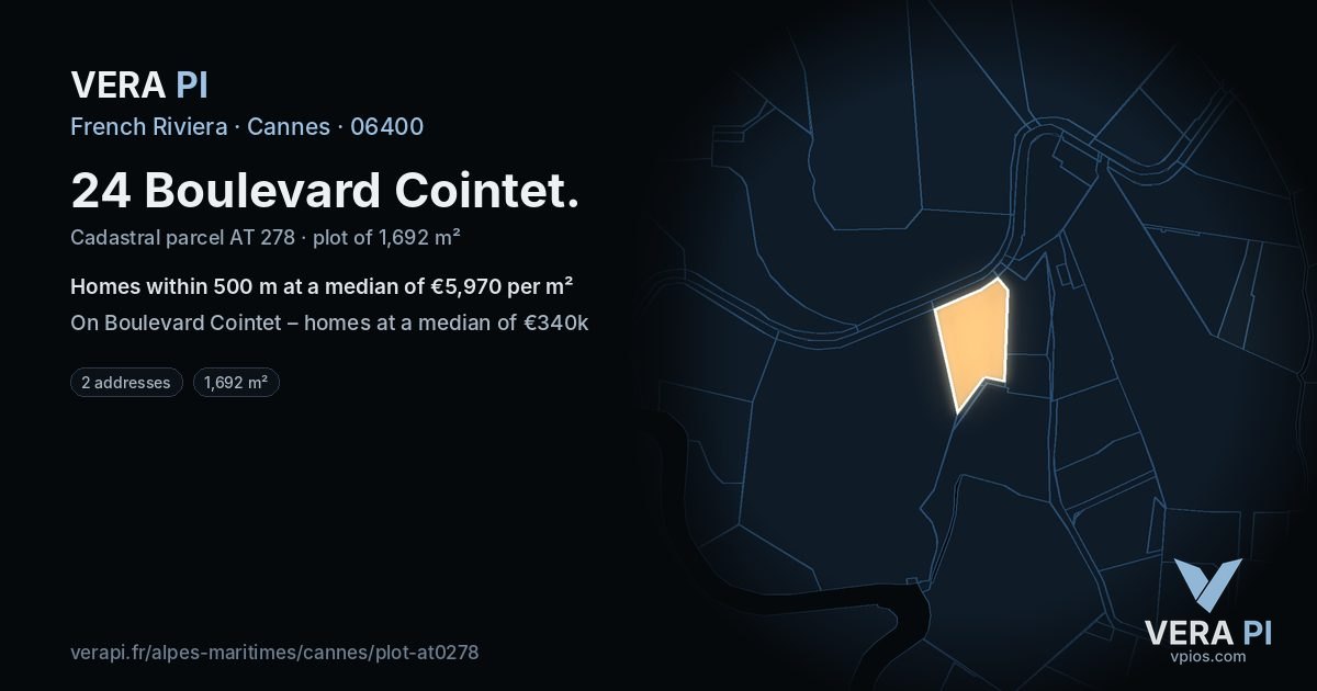 24 Boulevard Cointet, Cannes at night – the plot lit, the parcels around coloured by the prices near them