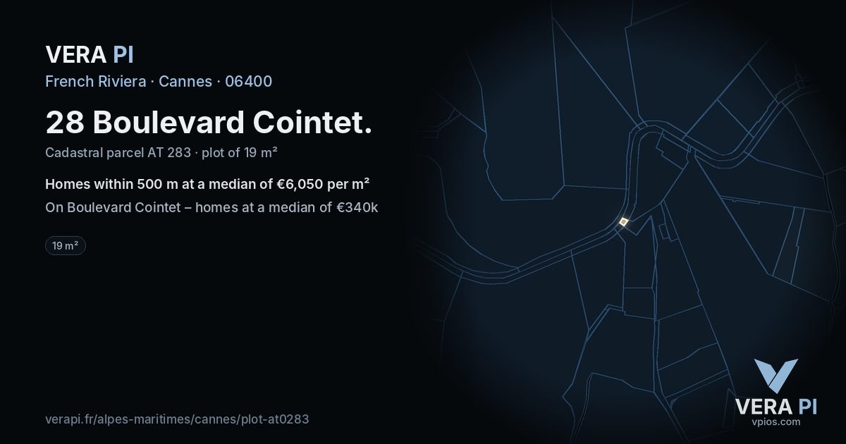 28 Boulevard Cointet, Cannes at night – the plot lit, the parcels around coloured by the prices near them