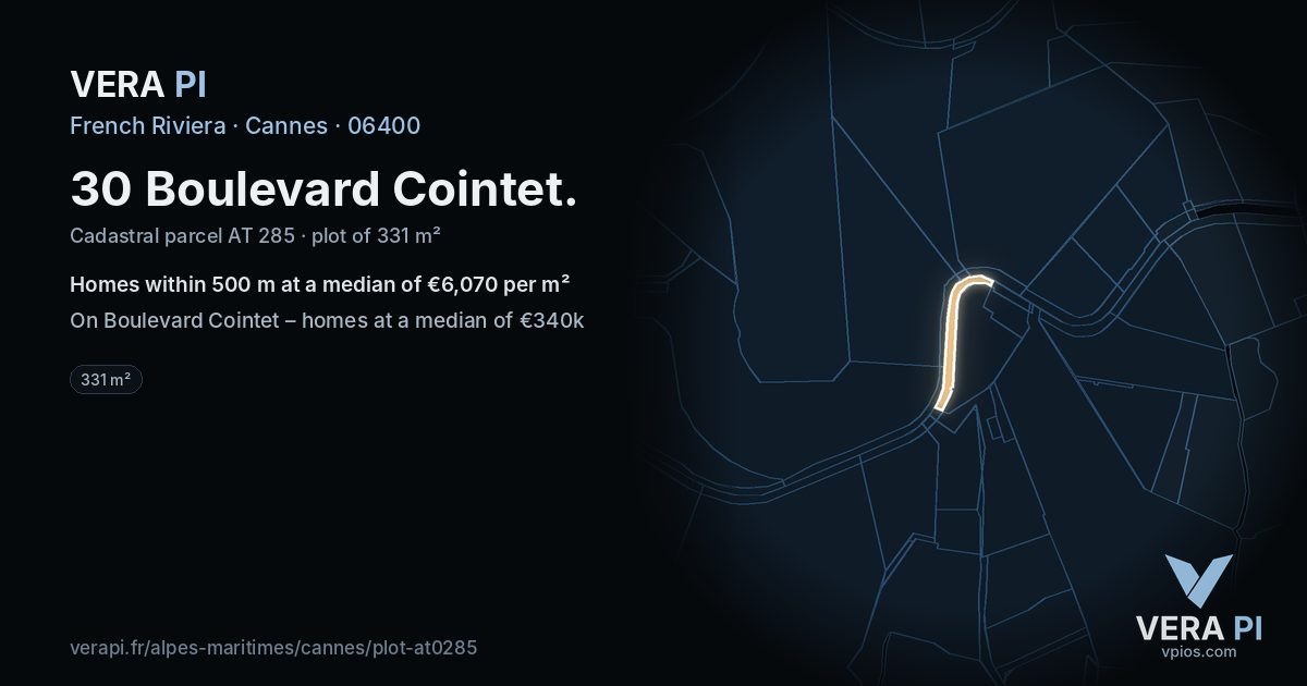 30 Boulevard Cointet, Cannes at night – the plot lit, the parcels around coloured by the prices near them