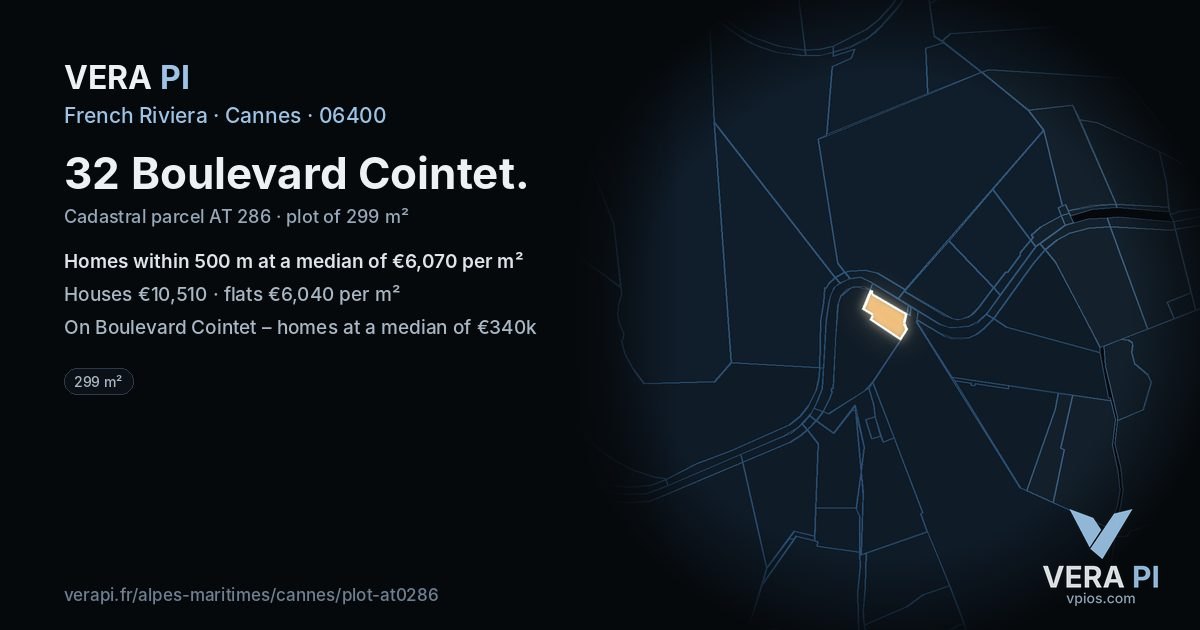 32 Boulevard Cointet, Cannes at night – the plot lit, the parcels around coloured by the prices near them