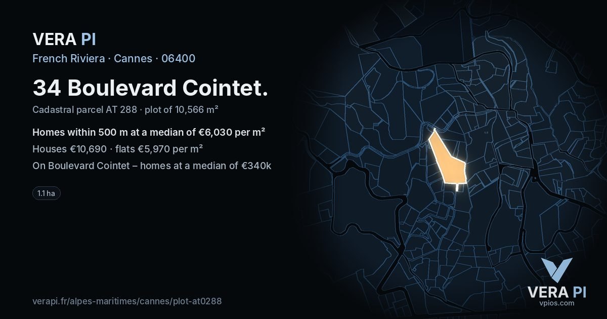 34 Boulevard Cointet, Cannes at night – the plot lit, the parcels around coloured by the prices near them
