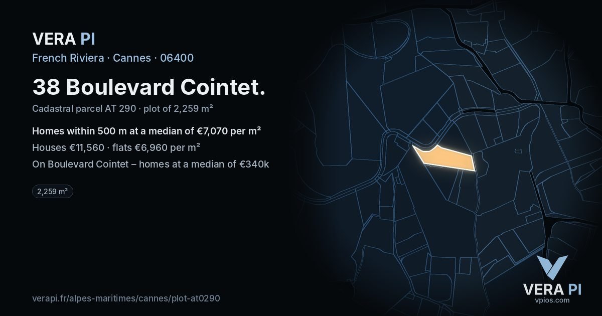 38 Boulevard Cointet, Cannes at night – the plot lit, the parcels around coloured by the prices near them