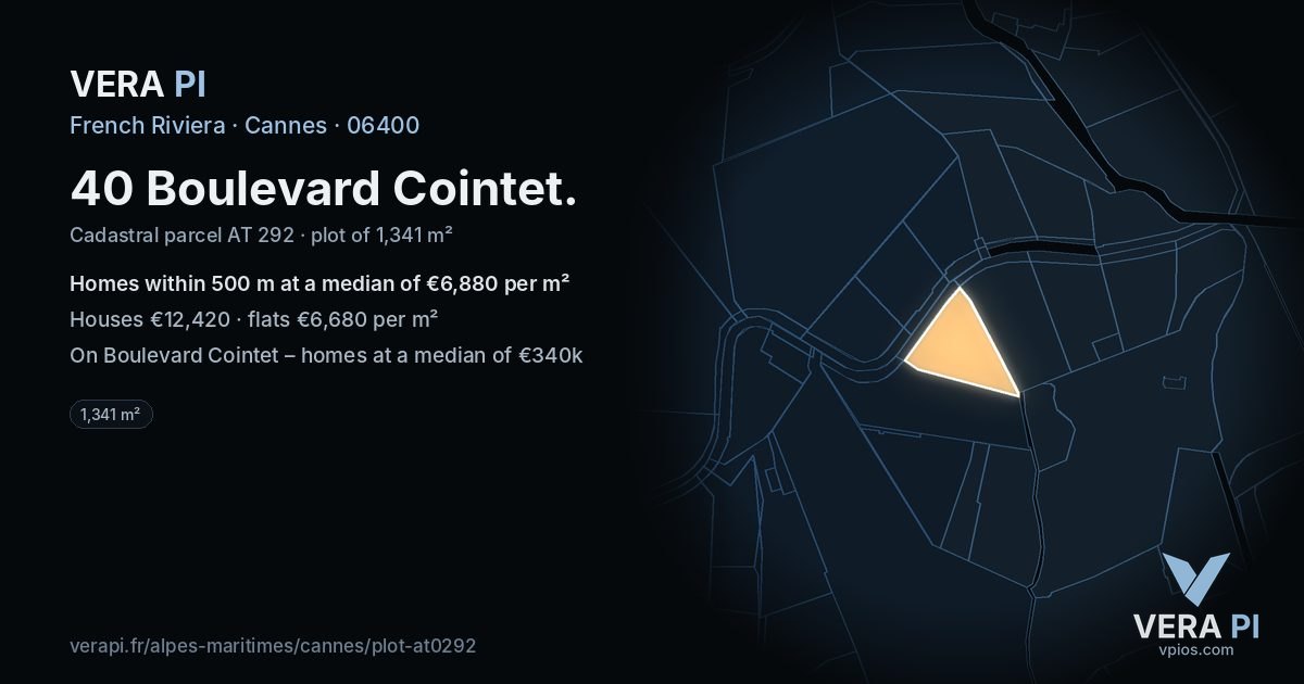 40 Boulevard Cointet, Cannes at night – the plot lit, the parcels around coloured by the prices near them