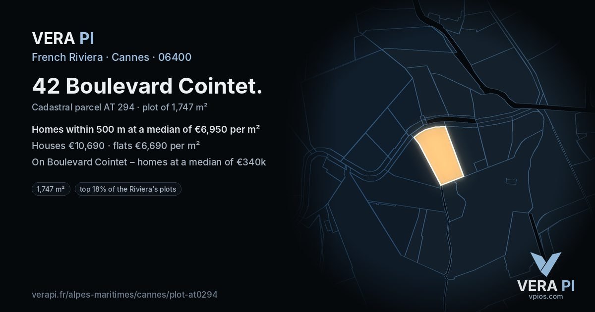 42 Boulevard Cointet, Cannes at night – the plot lit, the parcels around coloured by the prices near them