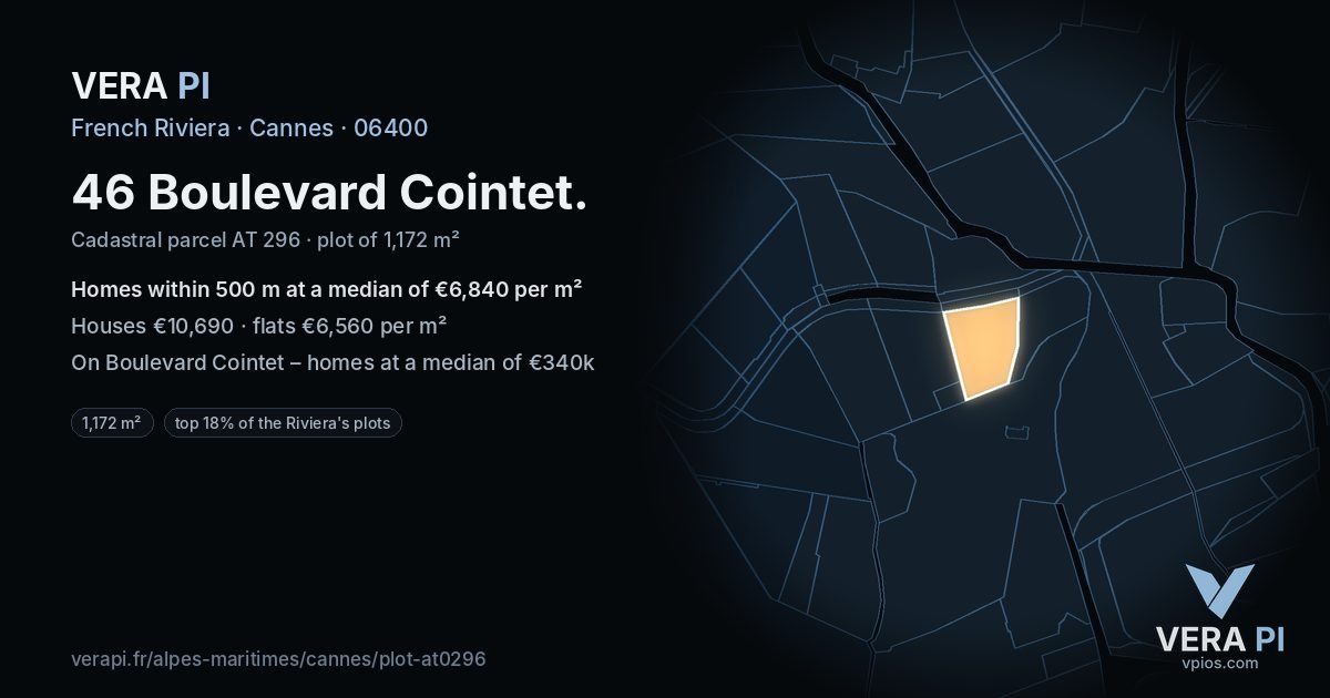 46 Boulevard Cointet, Cannes at night – the plot lit, the parcels around coloured by the prices near them