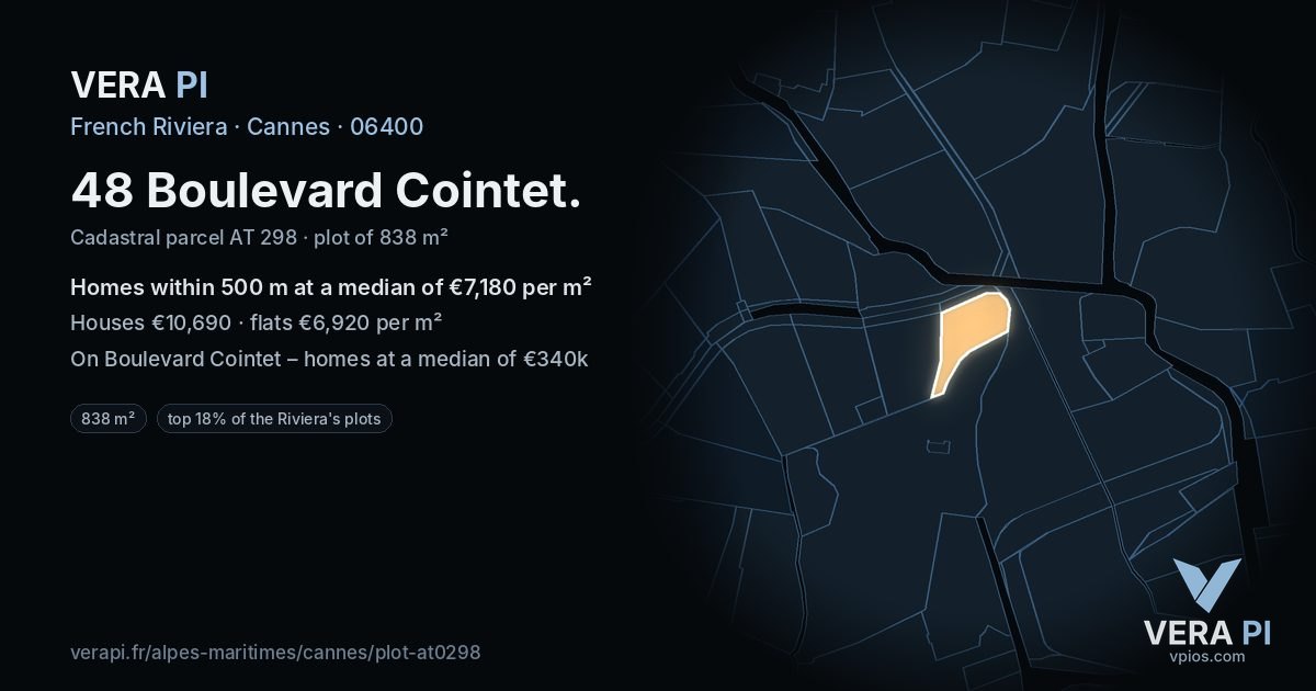 48 Boulevard Cointet, Cannes at night – the plot lit, the parcels around coloured by the prices near them