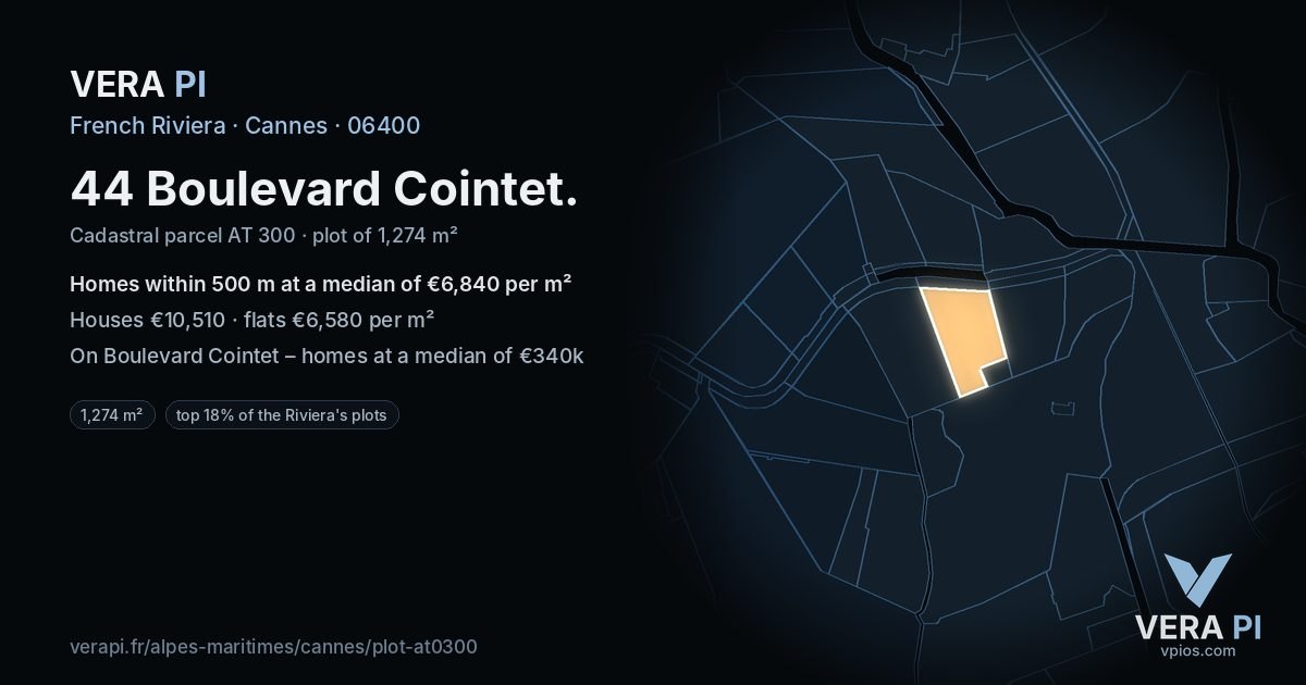 44 Boulevard Cointet, Cannes at night – the plot lit, the parcels around coloured by the prices near them