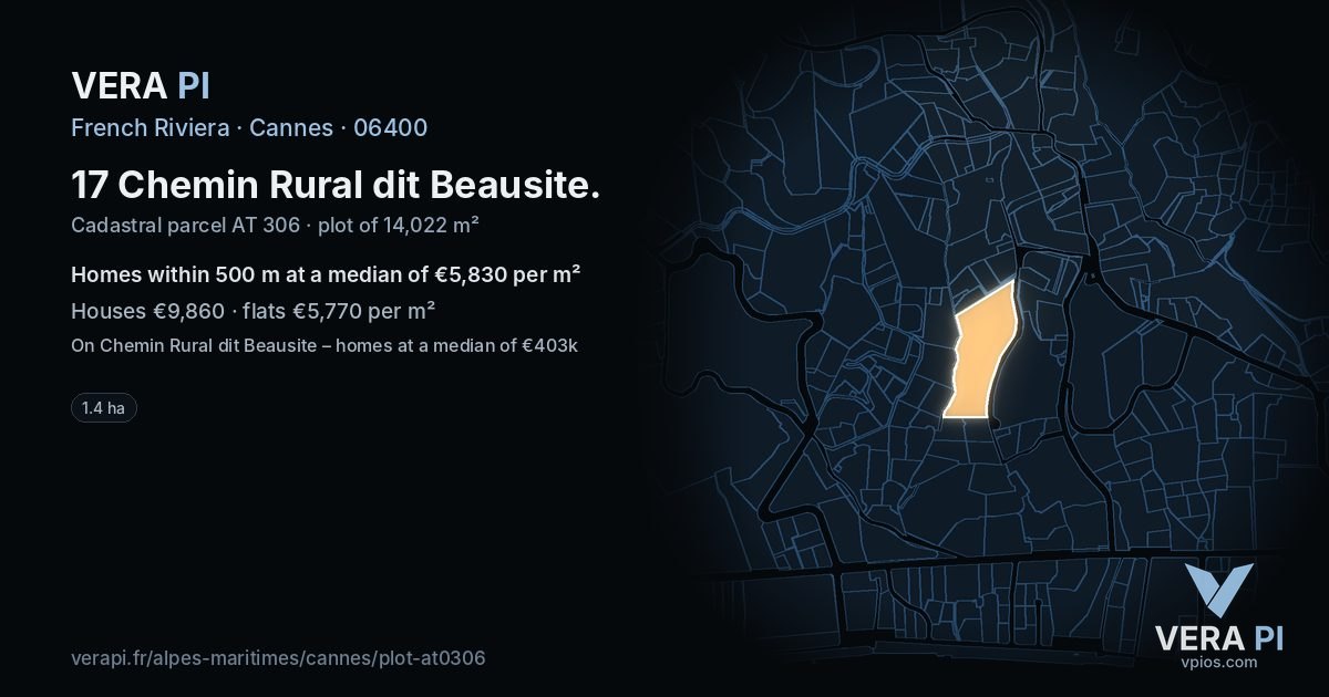 17 Chemin Rural dit Beausite, Cannes at night – the plot lit, the parcels around coloured by the prices near them