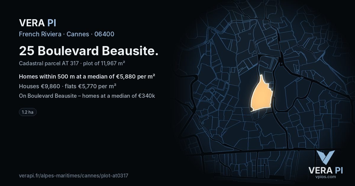25 Boulevard Beausite, Cannes at night – the plot lit, the parcels around coloured by the prices near them