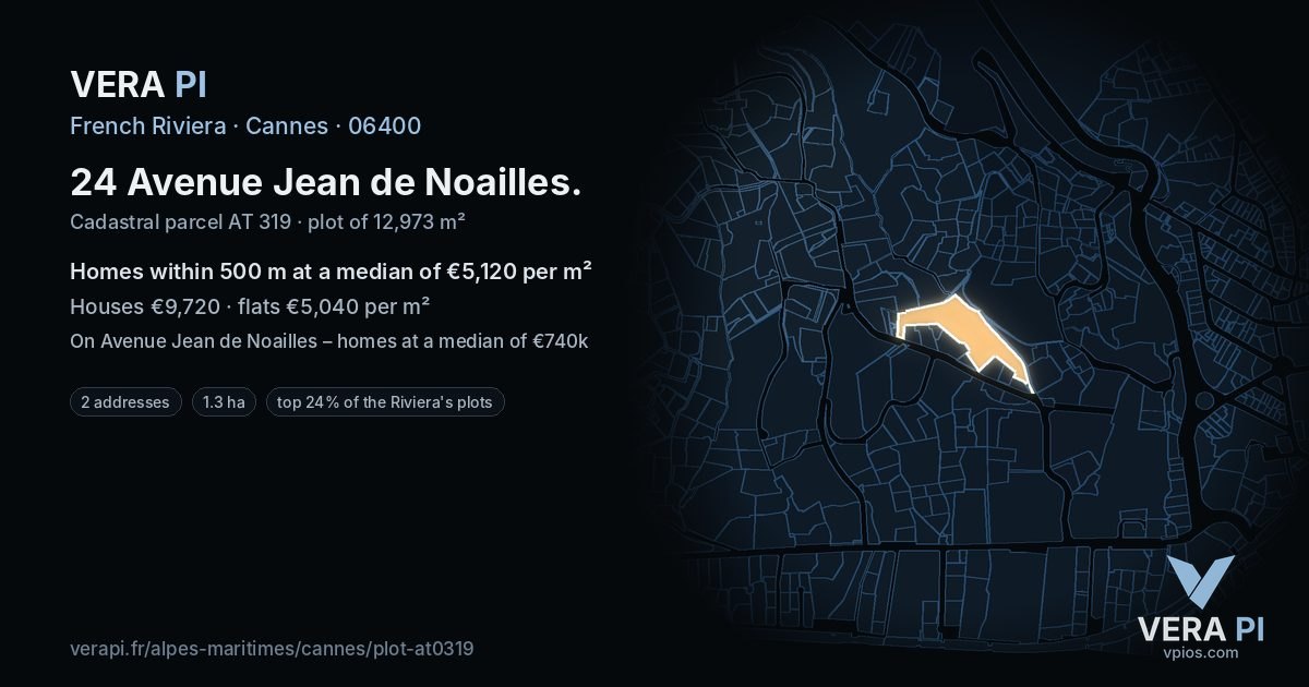 24 Avenue Jean de Noailles, Cannes at night – the plot lit, the parcels around coloured by the prices near them