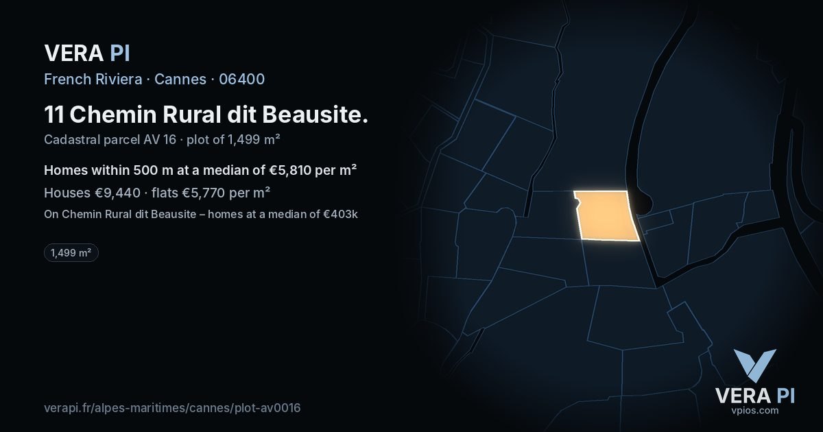 11 Chemin Rural dit Beausite, Cannes at night – the plot lit, the parcels around coloured by the prices near them