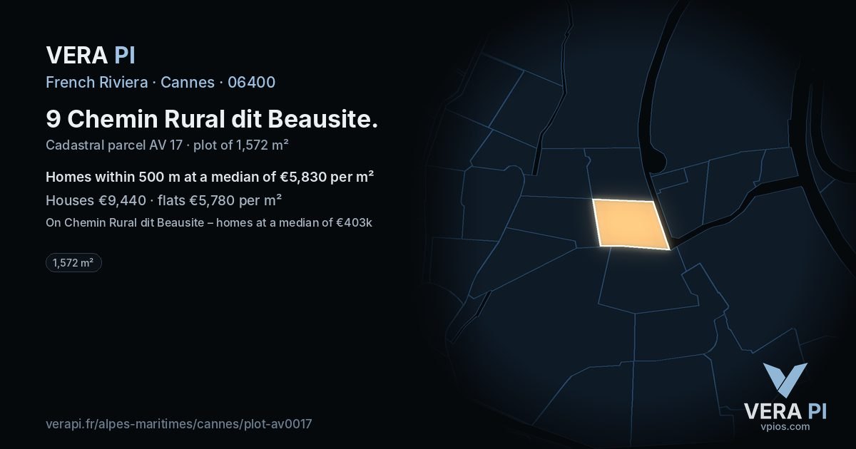 9 Chemin Rural dit Beausite, Cannes at night – the plot lit, the parcels around coloured by the prices near them