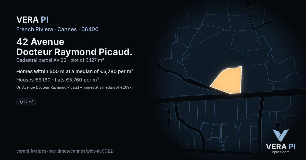 42 Avenue Docteur Raymond Picaud, Cannes at night – the plot lit, the parcels around coloured by the prices near them