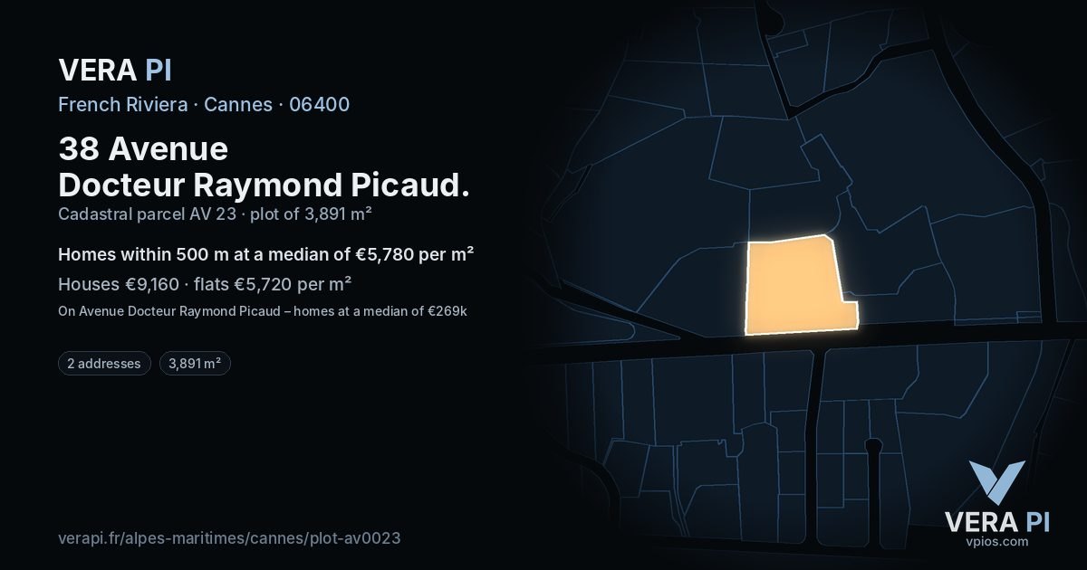 38 Avenue Docteur Raymond Picaud, Cannes at night – the plot lit, the parcels around coloured by the prices near them