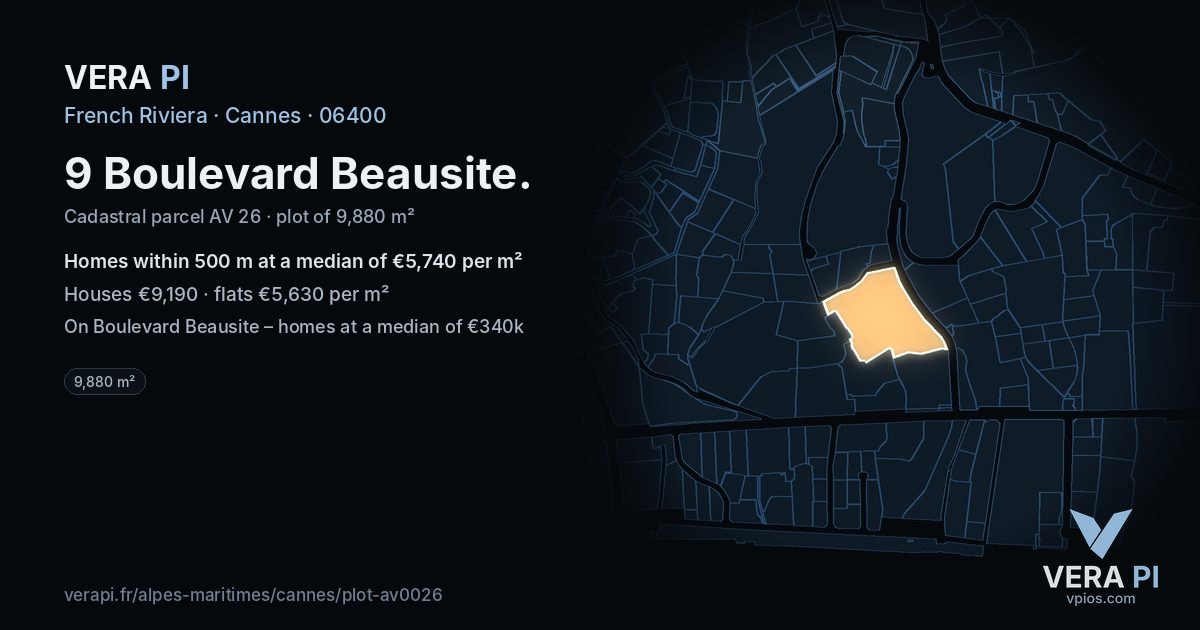 9 Boulevard Beausite, Cannes at night – the plot lit, the parcels around coloured by the prices near them