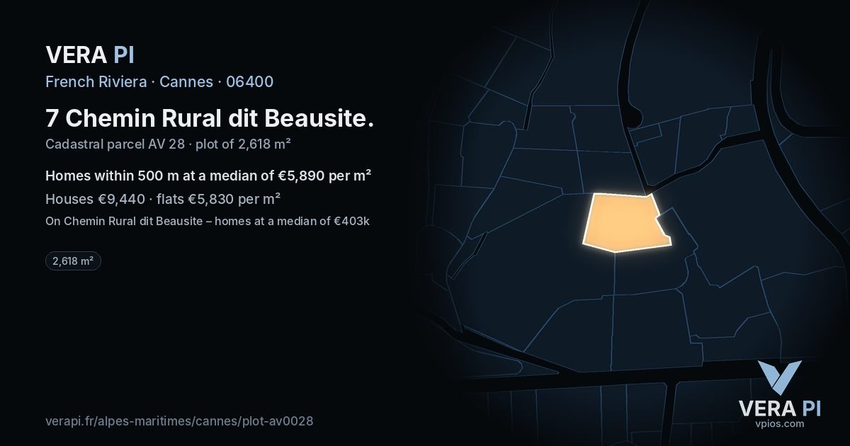 7 Chemin Rural dit Beausite, Cannes at night – the plot lit, the parcels around coloured by the prices near them
