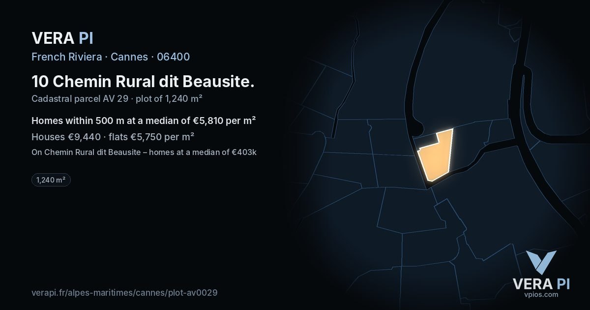 10 Chemin Rural dit Beausite, Cannes at night – the plot lit, the parcels around coloured by the prices near them