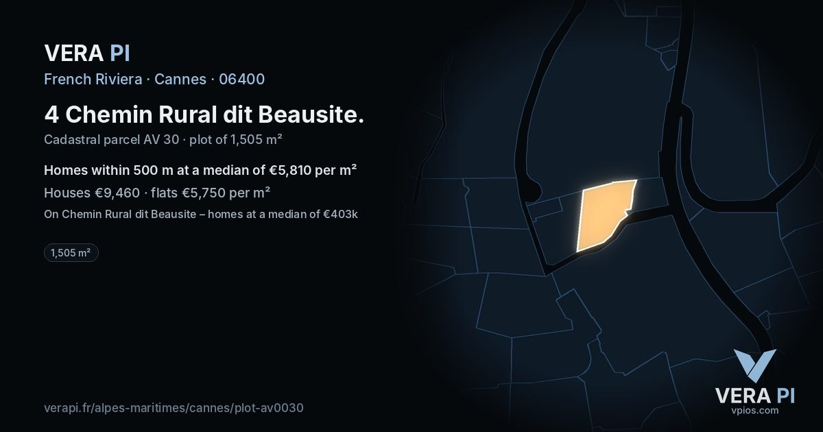 4 Chemin Rural dit Beausite, Cannes at night – the plot lit, the parcels around coloured by the prices near them