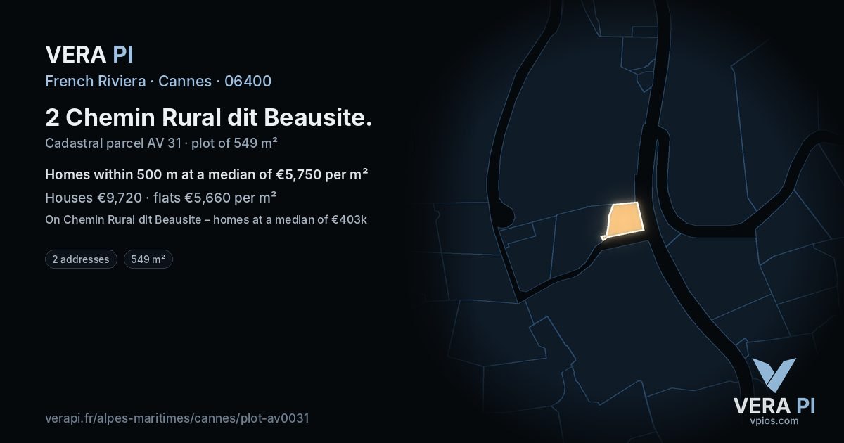 2 Chemin Rural dit Beausite, Cannes at night – the plot lit, the parcels around coloured by the prices near them