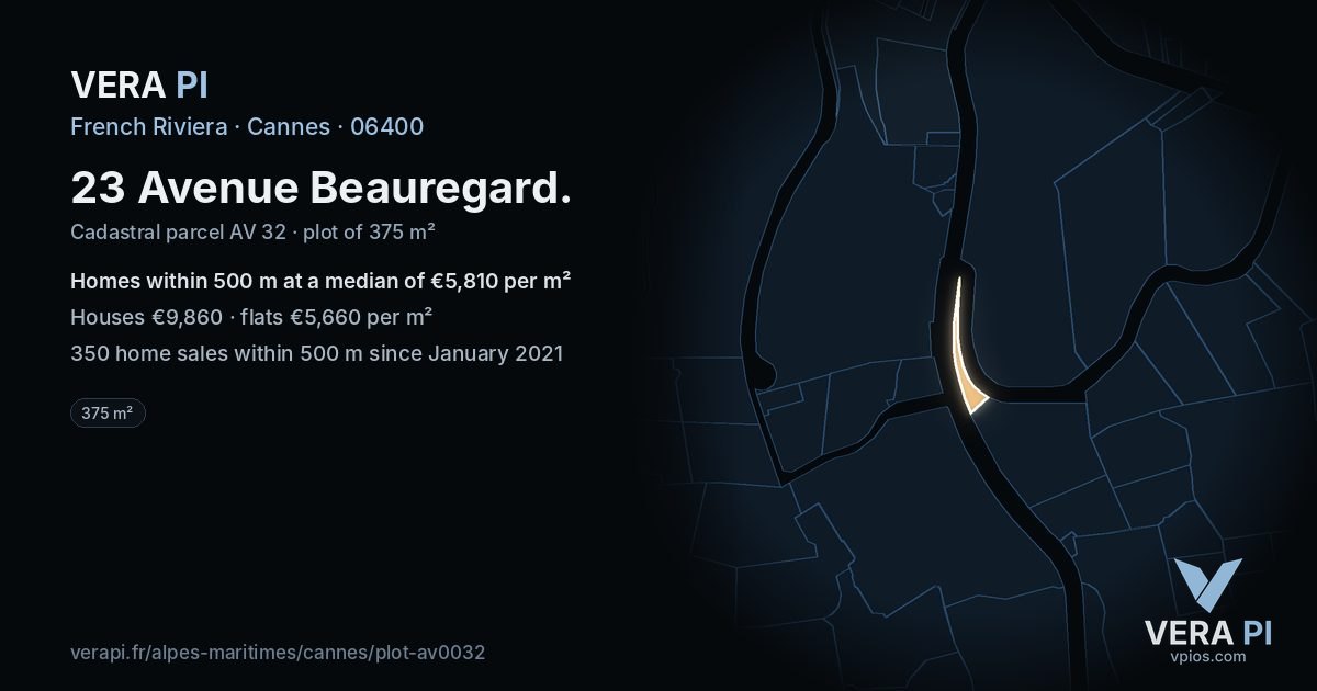 23 Avenue Beauregard, Cannes at night – the plot lit, the parcels around coloured by the prices near them