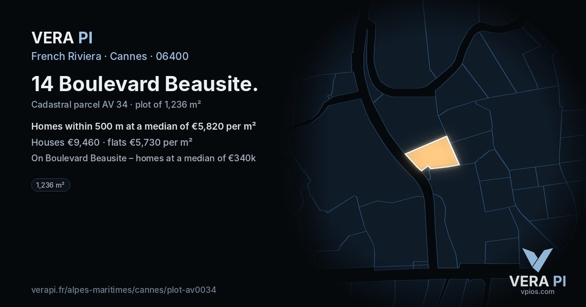14 Boulevard Beausite, Cannes at night – the plot lit, the parcels around coloured by the prices near them