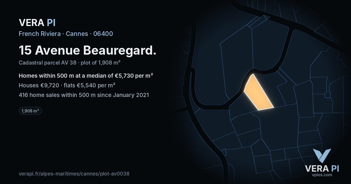 15 Avenue Beauregard, Cannes at night – the plot lit, the parcels around coloured by the prices near them