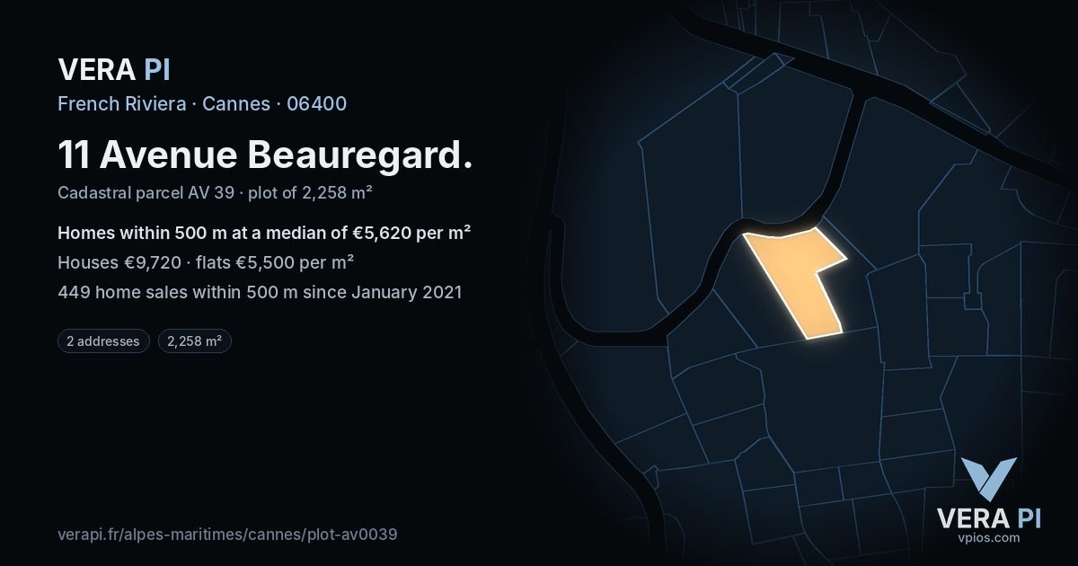 11 Avenue Beauregard, Cannes at night – the plot lit, the parcels around coloured by the prices near them