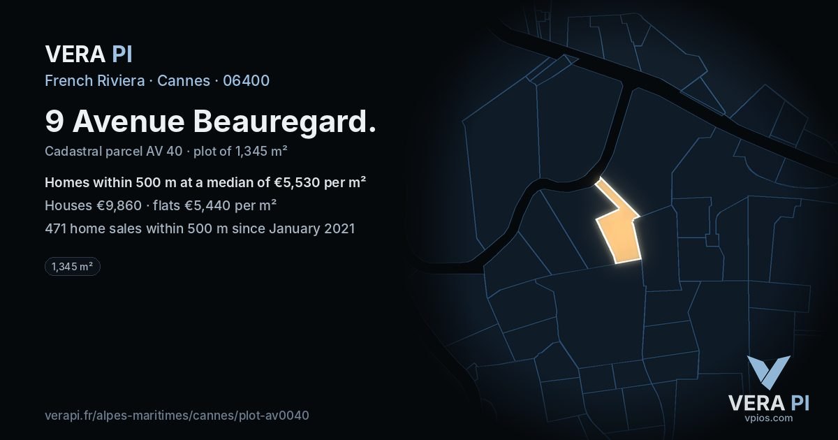 9 Avenue Beauregard, Cannes at night – the plot lit, the parcels around coloured by the prices near them