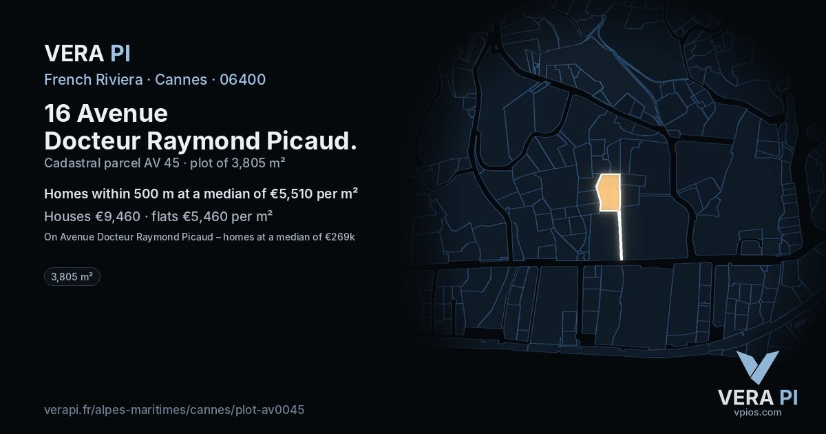 16 Avenue Docteur Raymond Picaud, Cannes at night – the plot lit, the parcels around coloured by the prices near them