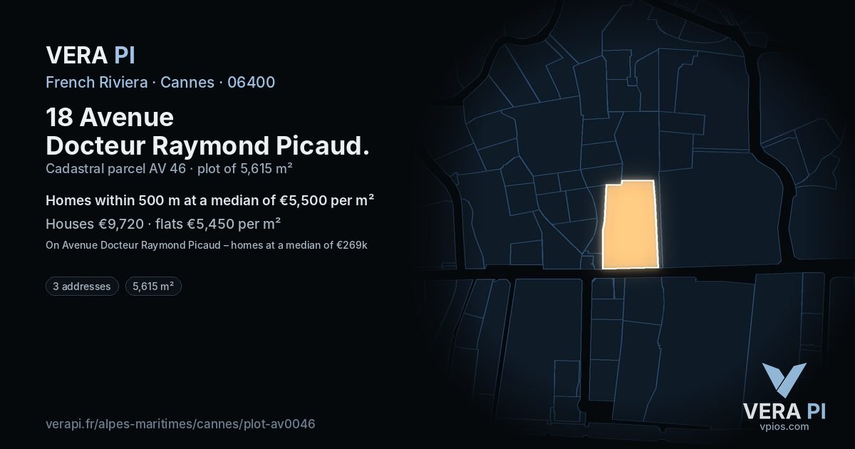 18 Avenue Docteur Raymond Picaud, Cannes at night – the plot lit, the parcels around coloured by the prices near them