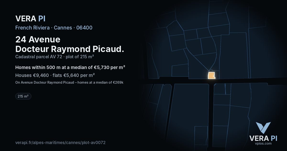 24 Avenue Docteur Raymond Picaud, Cannes at night – the plot lit, the parcels around coloured by the prices near them